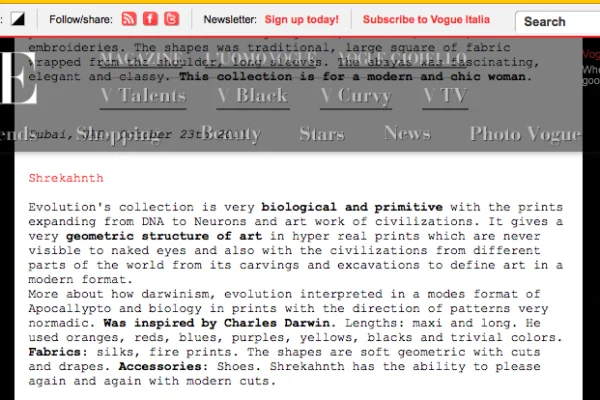 Vogue Italia review of Shrekahnth's Spring/Summer 2012 "Evolution" collection featured at Dubai Fashion Week.